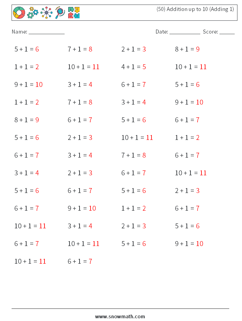 (50) Addition up to 10 (Adding 1) Maths Worksheets 3 Question, Answer