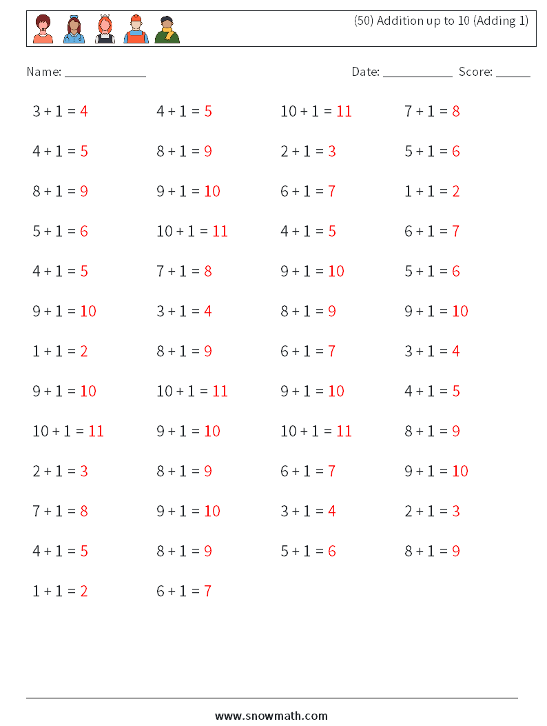 (50) Addition up to 10 (Adding 1) Maths Worksheets 4 Question, Answer
