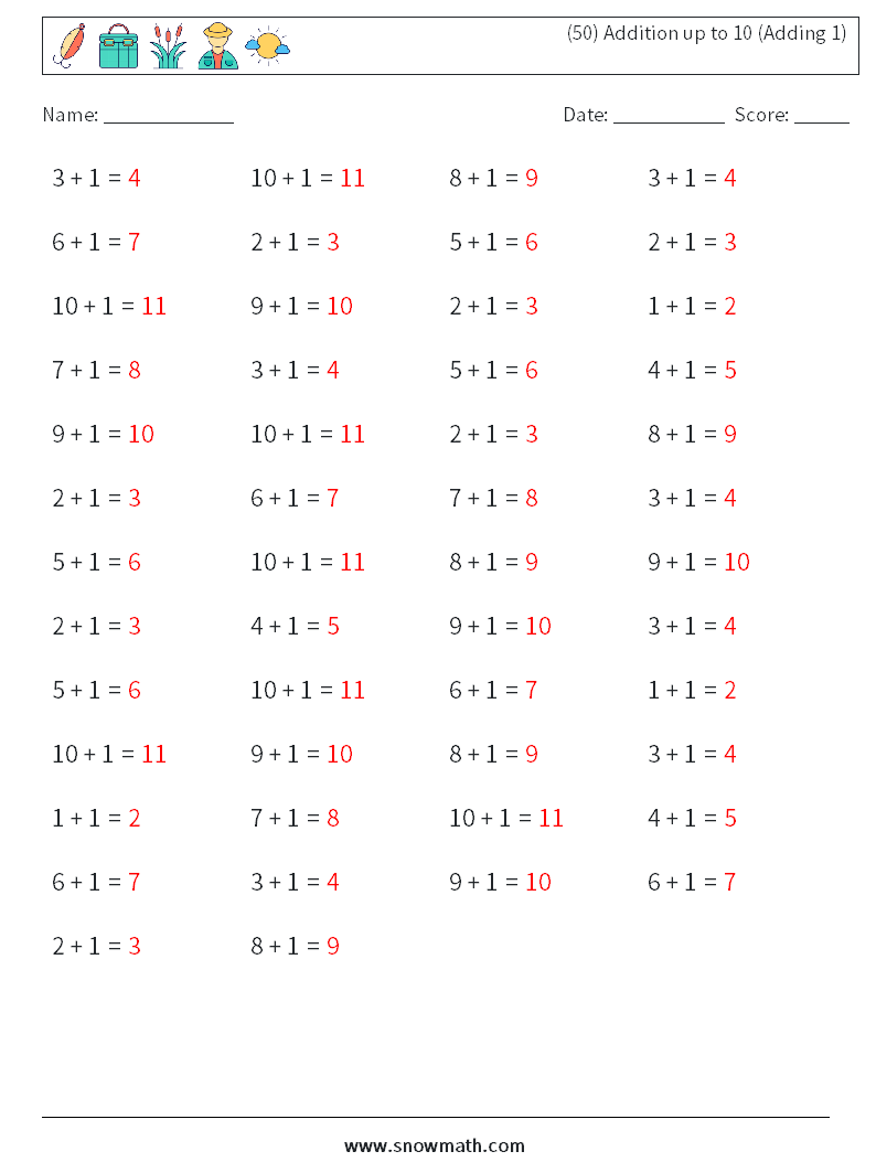 (50) Addition up to 10 (Adding 1) Maths Worksheets 6 Question, Answer