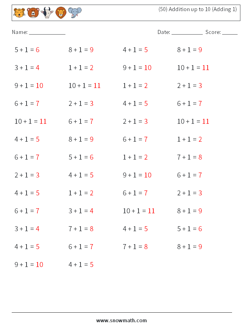 (50) Addition up to 10 (Adding 1) Maths Worksheets 7 Question, Answer
