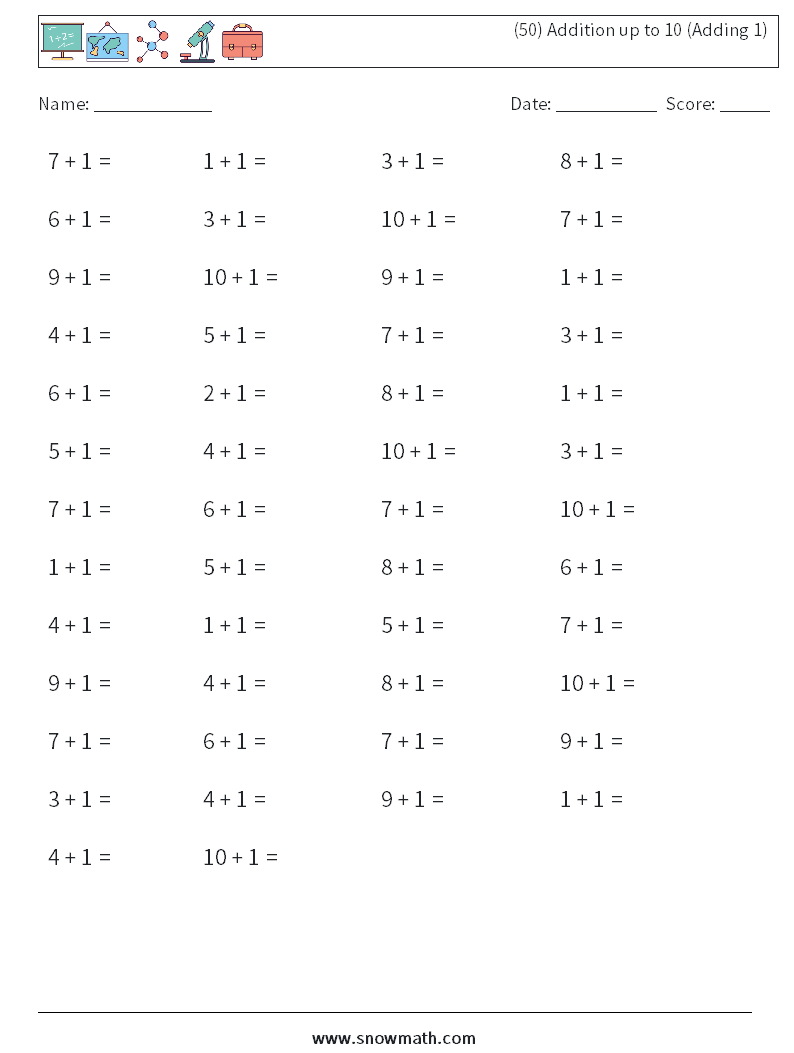 (50) Addition up to 10 (Adding 1) Maths Worksheets 8