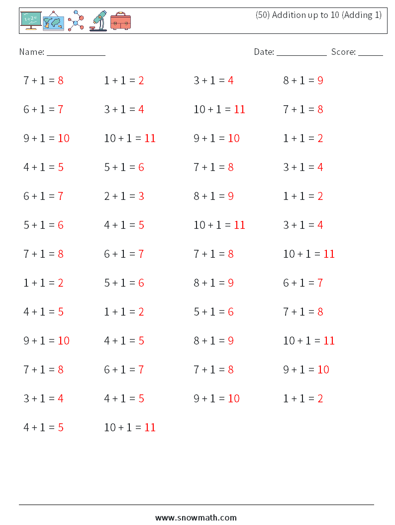 (50) Addition up to 10 (Adding 1) Maths Worksheets 8 Question, Answer
