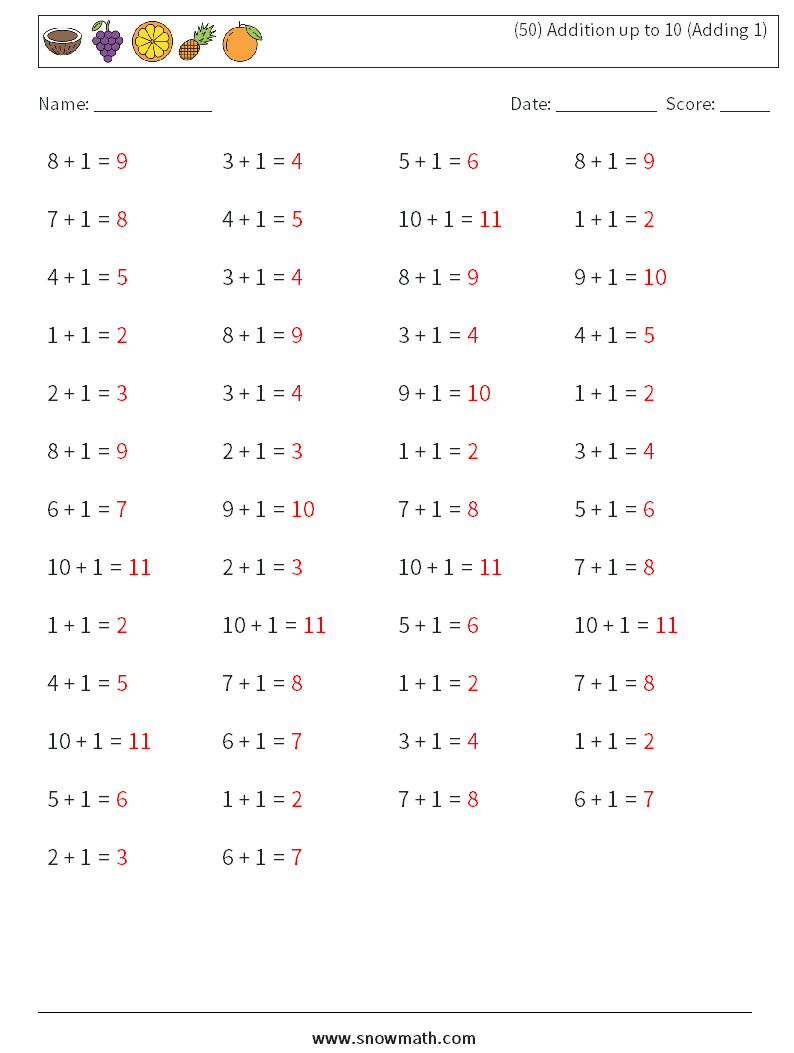 (50) Addition up to 10 (Adding 1) Maths Worksheets 9 Question, Answer