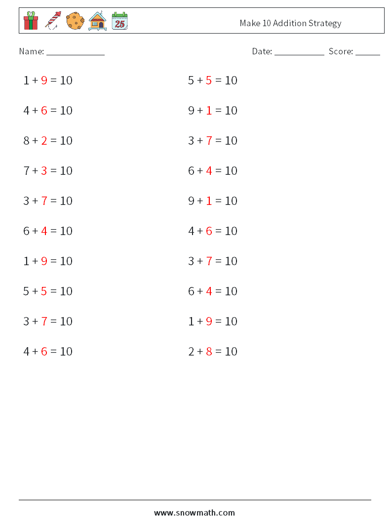 Make 10 Addition Strategy Maths Worksheets 1 Question, Answer