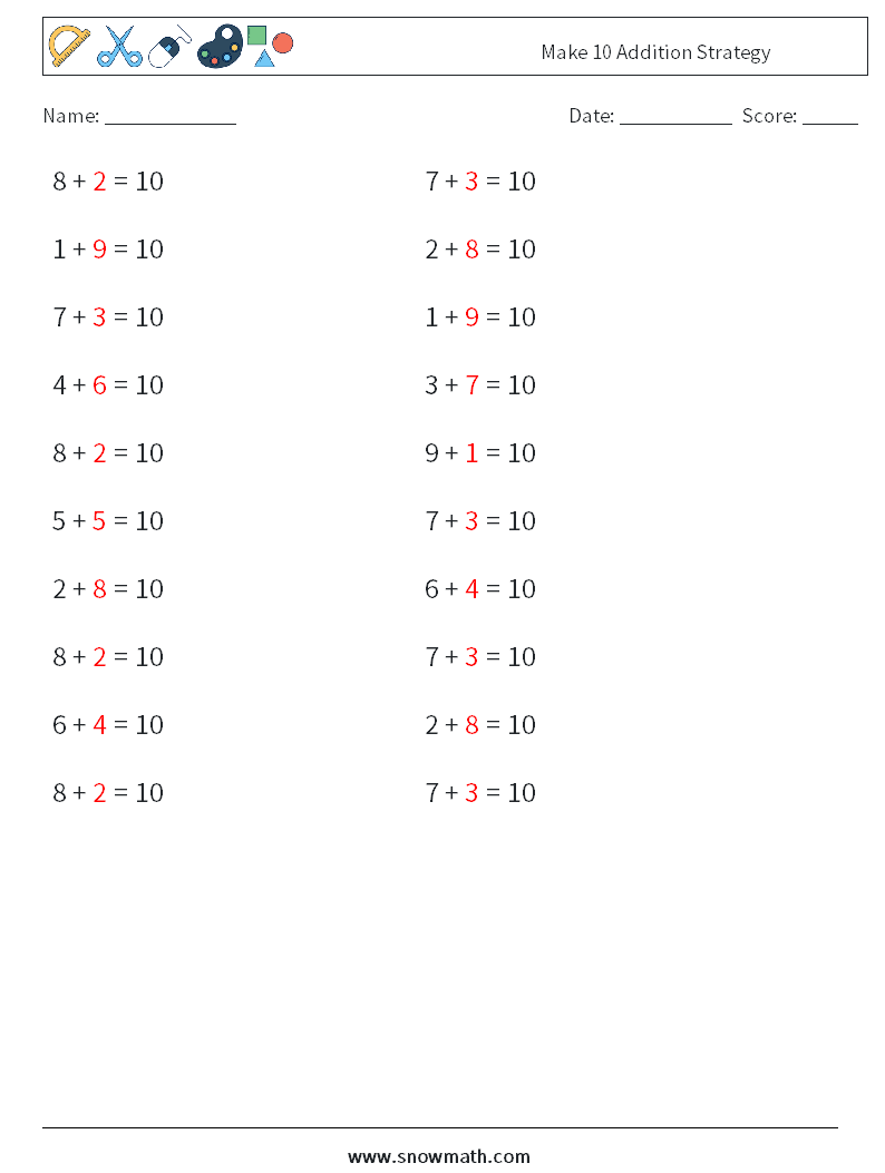 Make 10 Addition Strategy Maths Worksheets 2 Question, Answer
