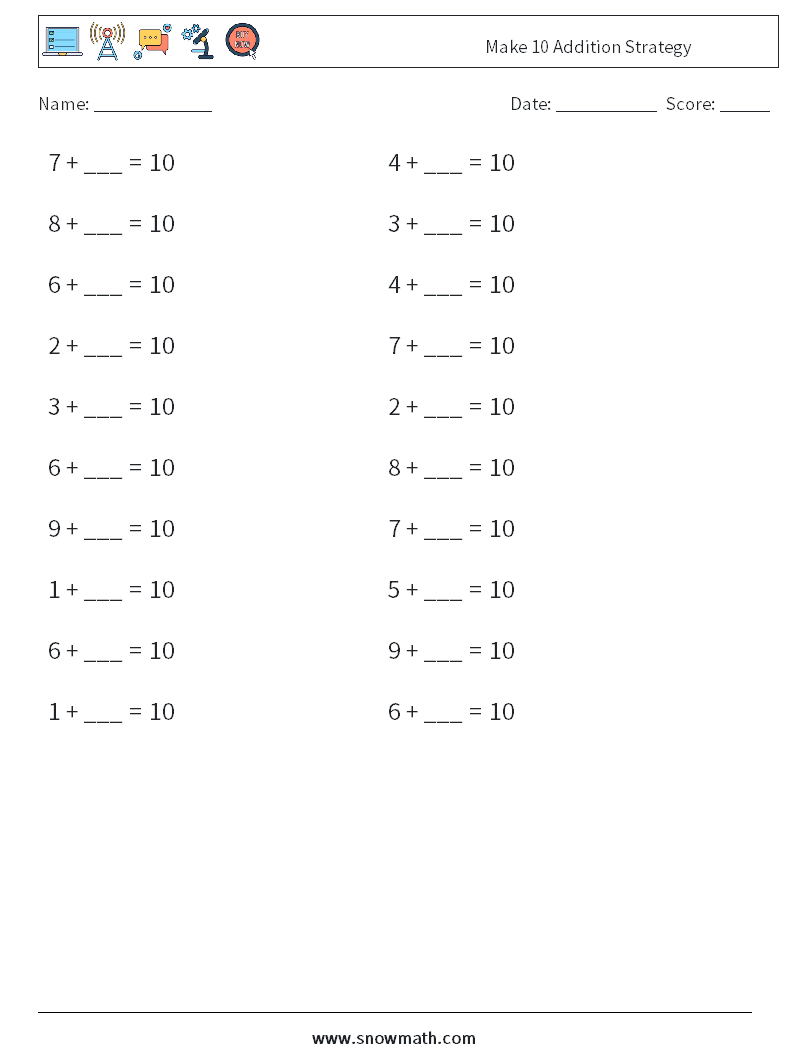 Make 10 Addition Strategy Maths Worksheets 4