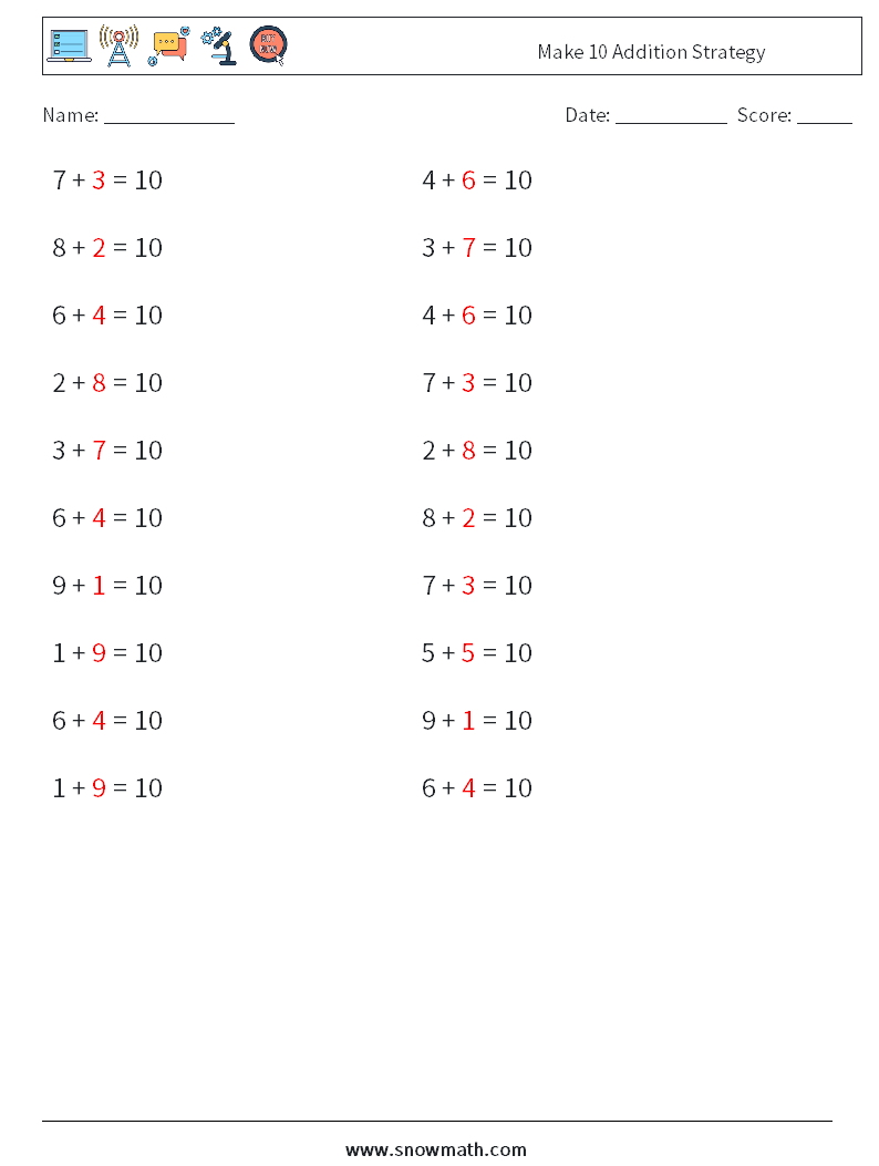 Make 10 Addition Strategy Maths Worksheets 4 Question, Answer