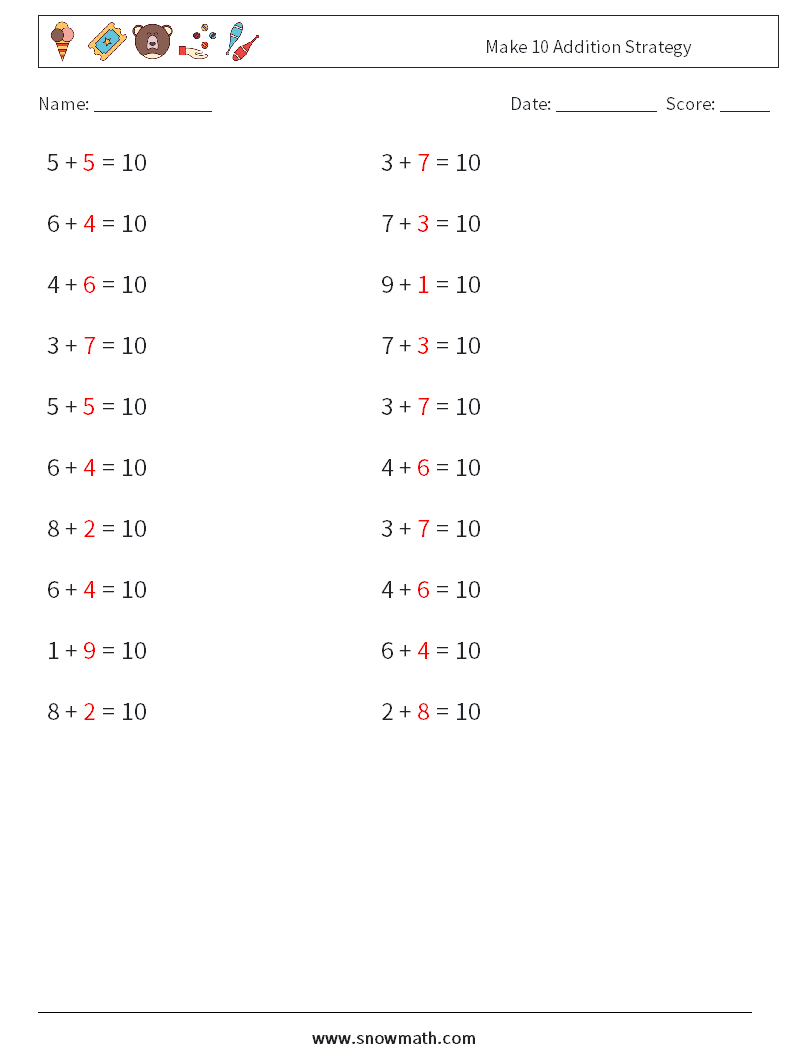 Make 10 Addition Strategy Maths Worksheets 6 Question, Answer