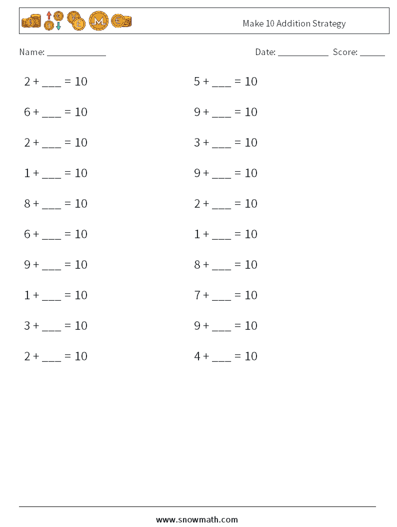 Make 10 Addition Strategy Maths Worksheets 7