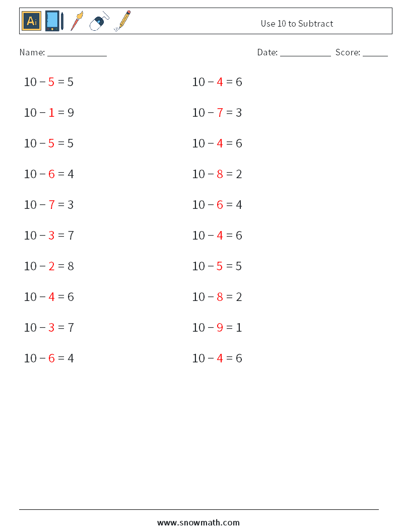 Use 10 to Subtract Maths Worksheets 2 Question, Answer