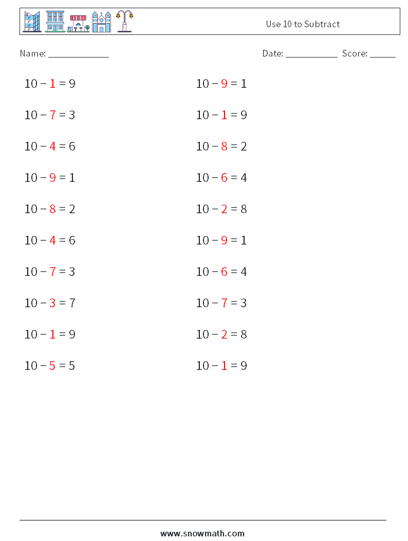 Use 10 to Subtract Maths Worksheets 4 Question, Answer