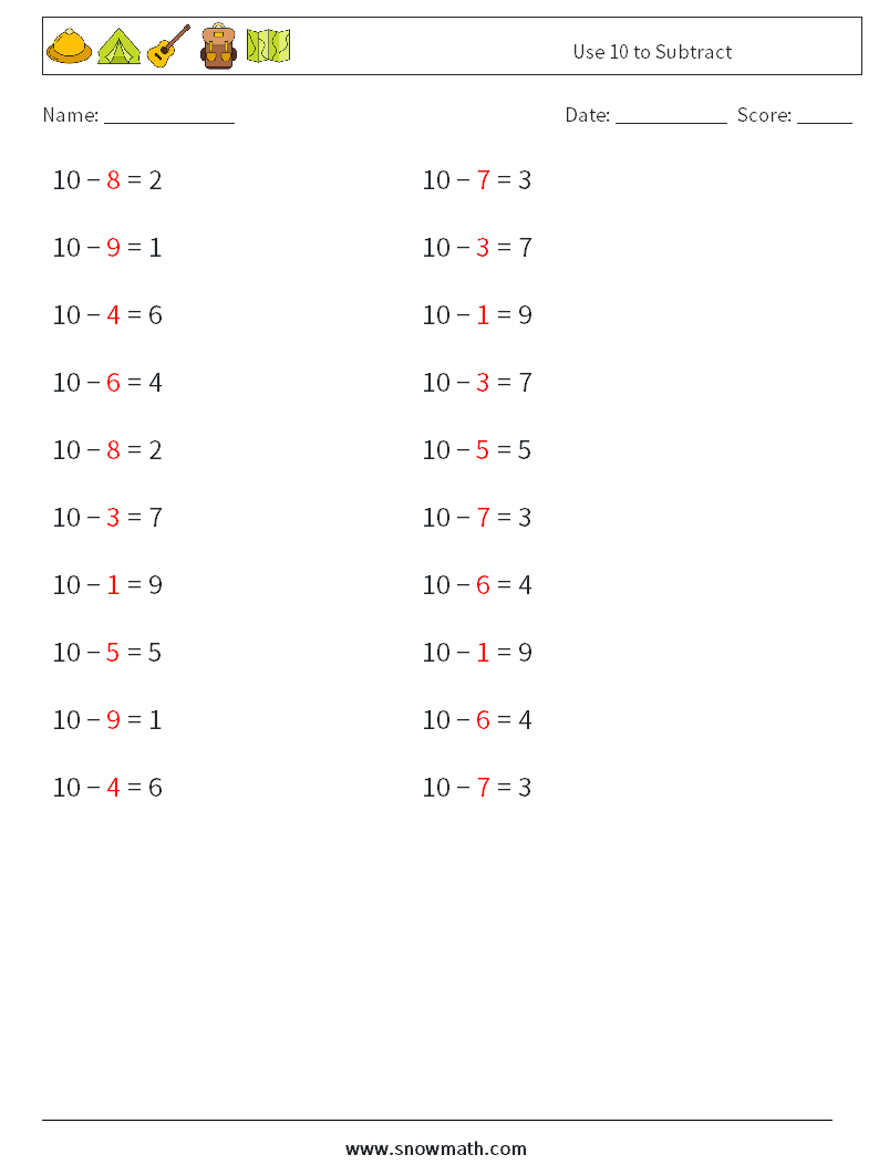 Use 10 to Subtract Maths Worksheets 5 Question, Answer