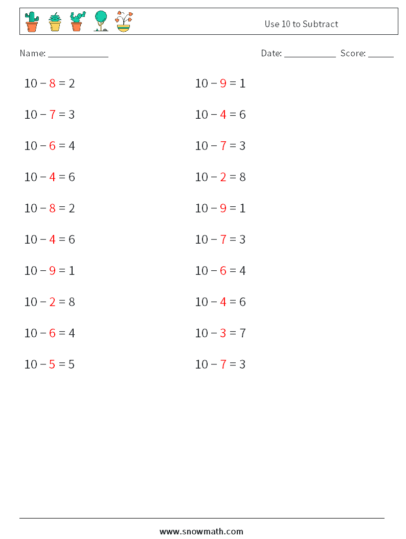 Use 10 to Subtract Maths Worksheets 7 Question, Answer