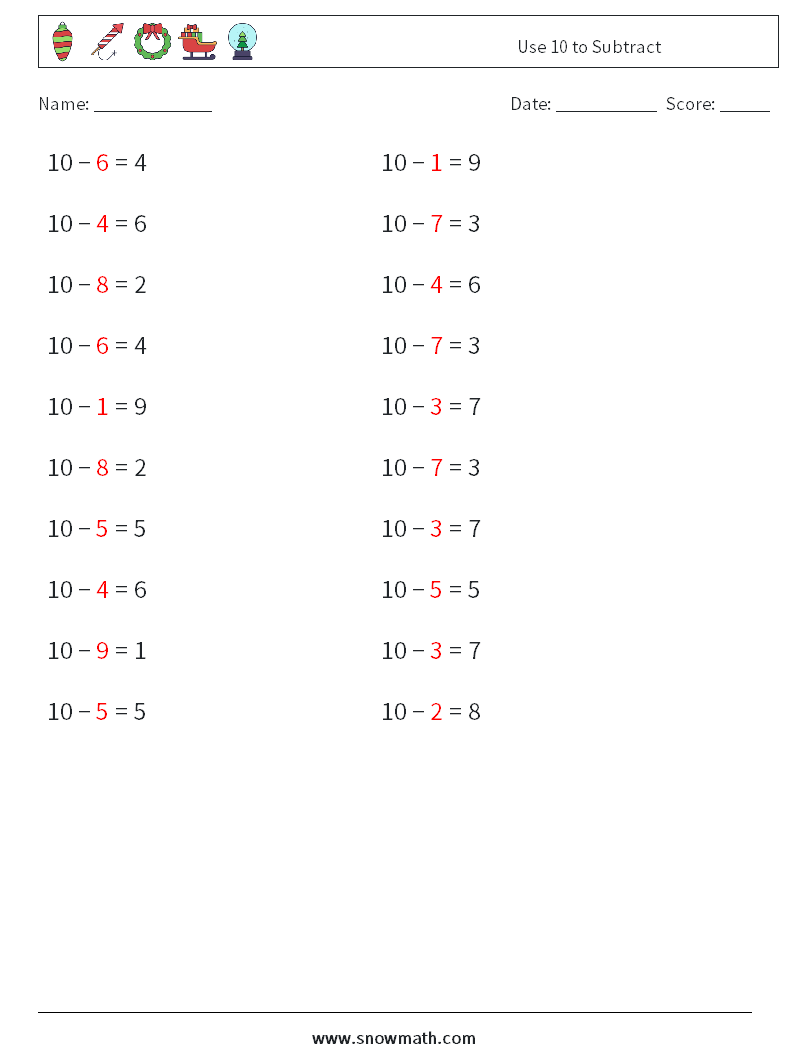 Use 10 to Subtract Maths Worksheets 8 Question, Answer