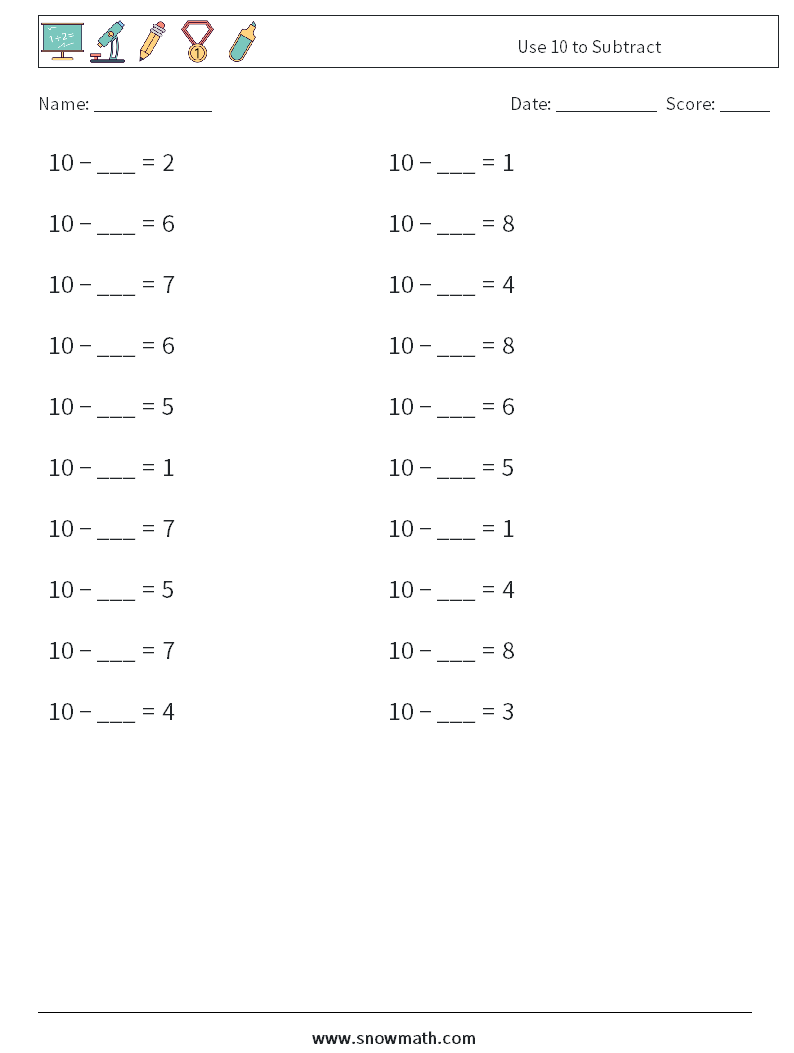 Use 10 to Subtract Maths Worksheets 9