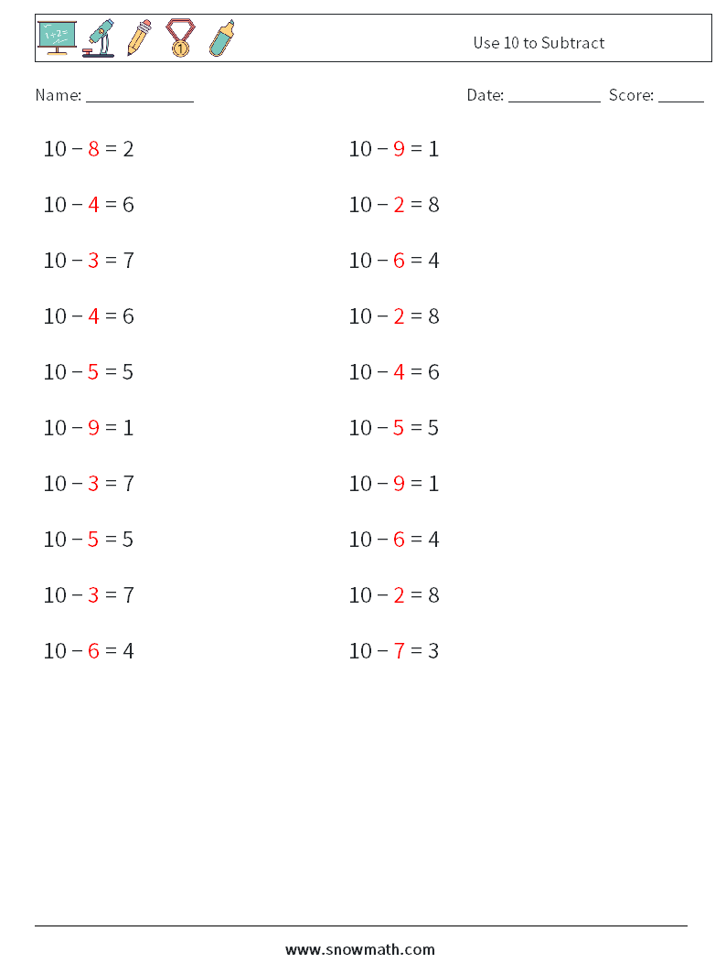 Use 10 to Subtract Maths Worksheets 9 Question, Answer
