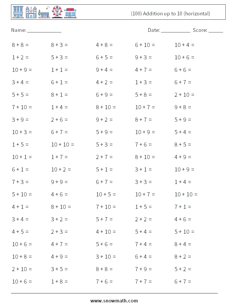 (100) Addition up to 10 (horizontal) Maths Worksheets 1