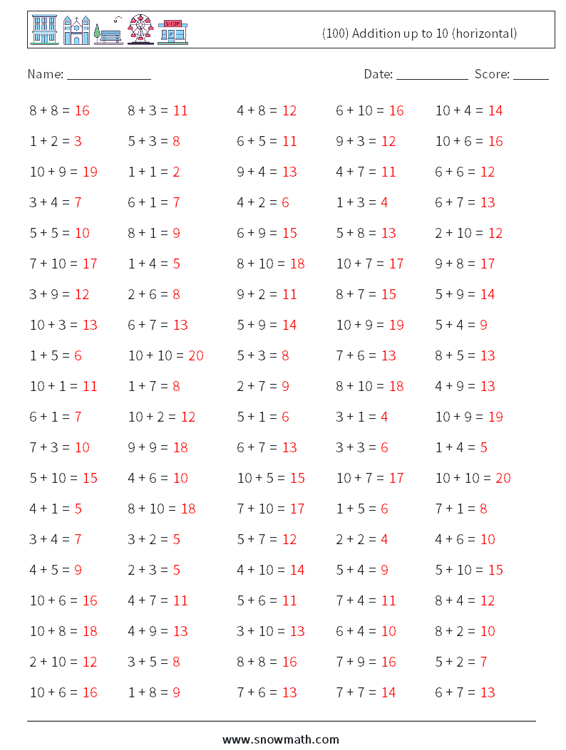 (100) Addition up to 10 (horizontal) Maths Worksheets 1 Question, Answer