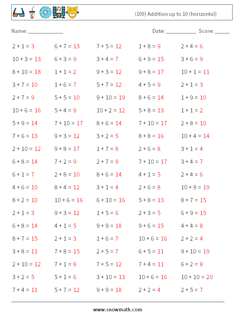 (100) Addition up to 10 (horizontal) Maths Worksheets 2 Question, Answer