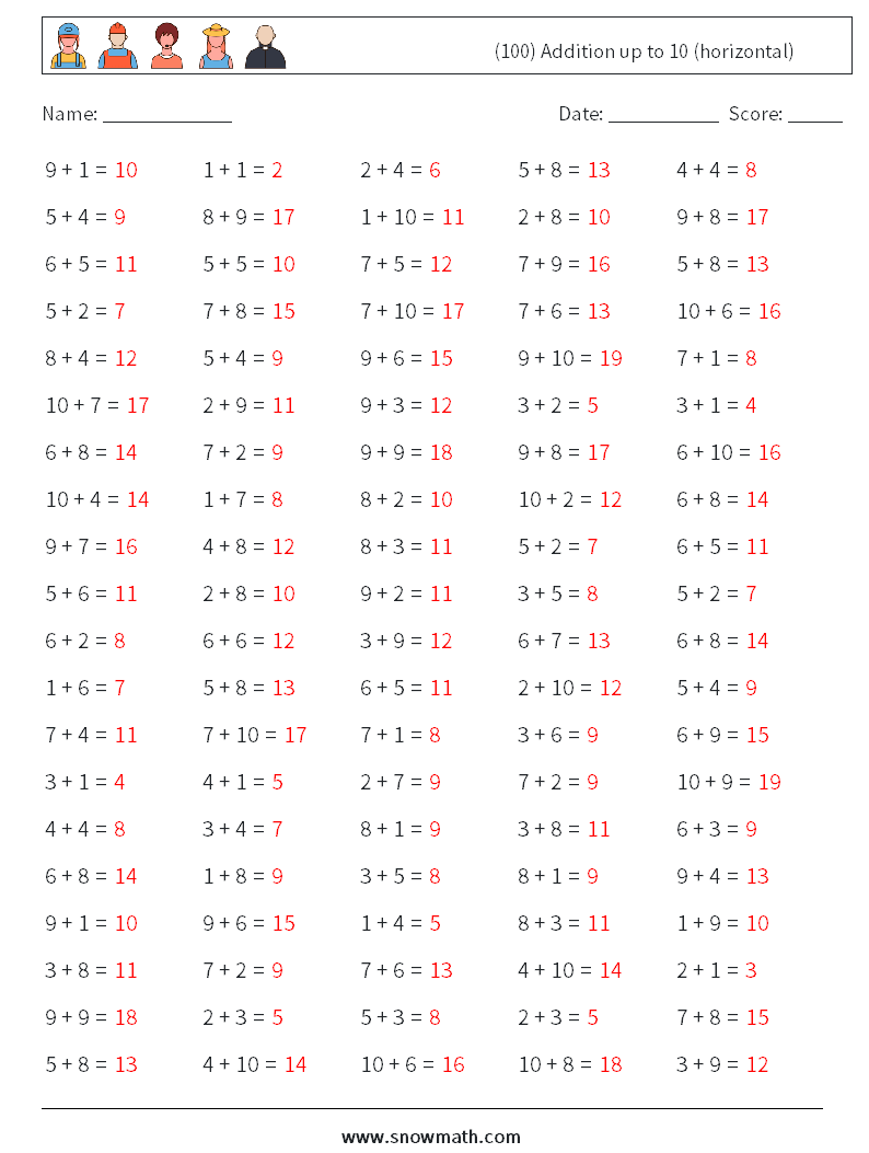 (100) Addition up to 10 (horizontal) Maths Worksheets 3 Question, Answer