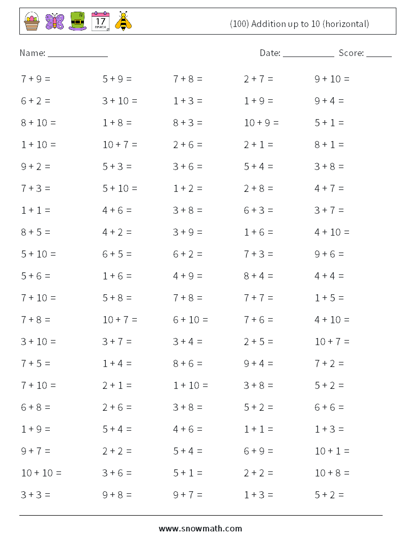 (100) Addition up to 10 (horizontal) Maths Worksheets 4