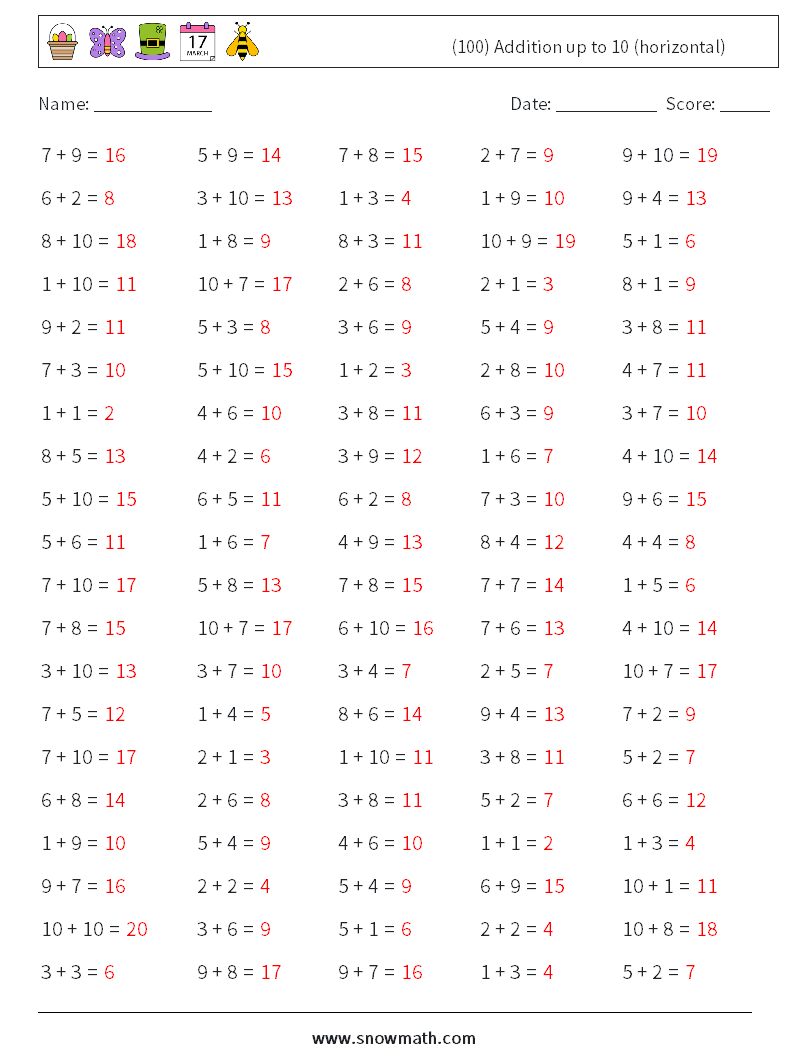 (100) Addition up to 10 (horizontal) Maths Worksheets 4 Question, Answer