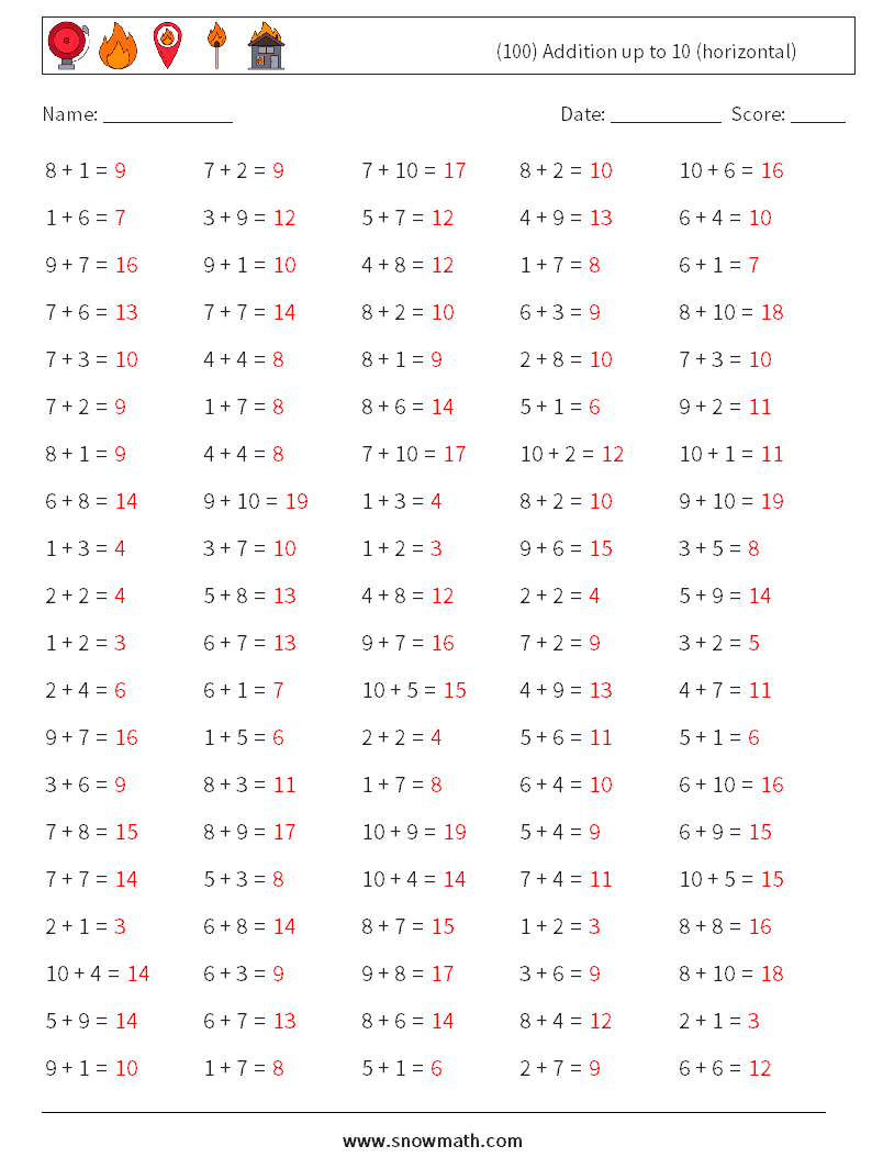 (100) Addition up to 10 (horizontal) Maths Worksheets 5 Question, Answer