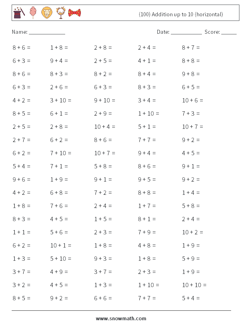 (100) Addition up to 10 (horizontal) Maths Worksheets 6