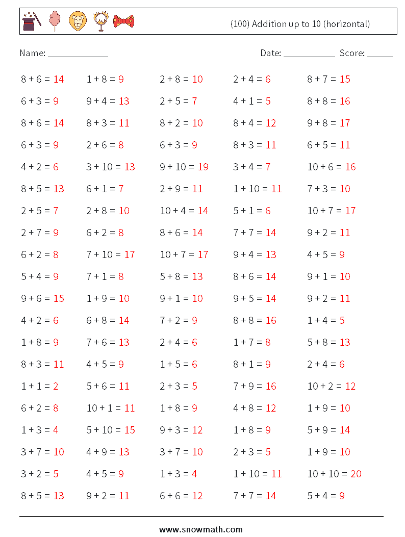 (100) Addition up to 10 (horizontal) Maths Worksheets 6 Question, Answer