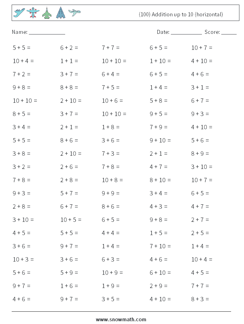 (100) Addition up to 10 (horizontal) Maths Worksheets 7