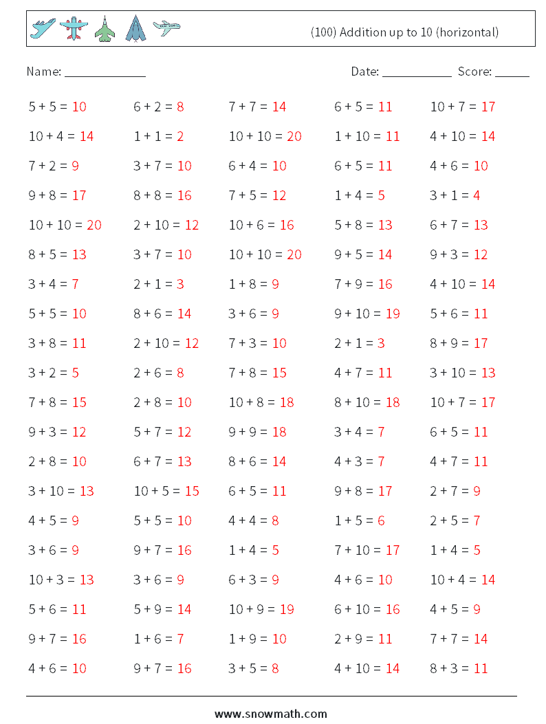 (100) Addition up to 10 (horizontal) Maths Worksheets 7 Question, Answer