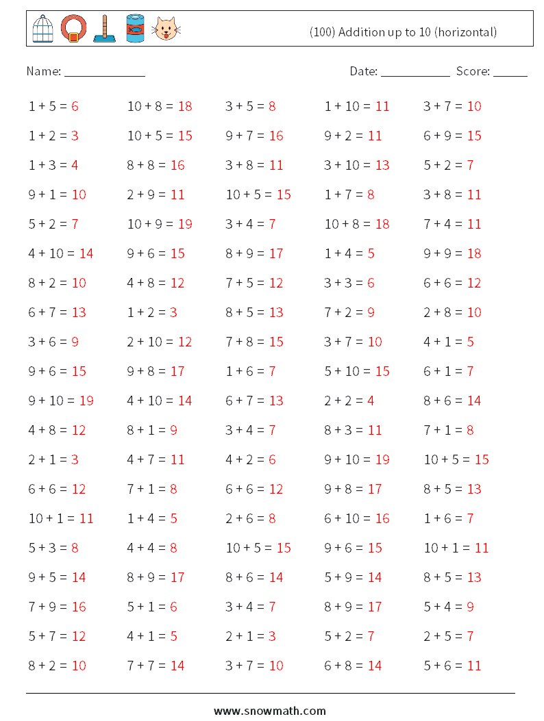 (100) Addition up to 10 (horizontal) Maths Worksheets 8 Question, Answer