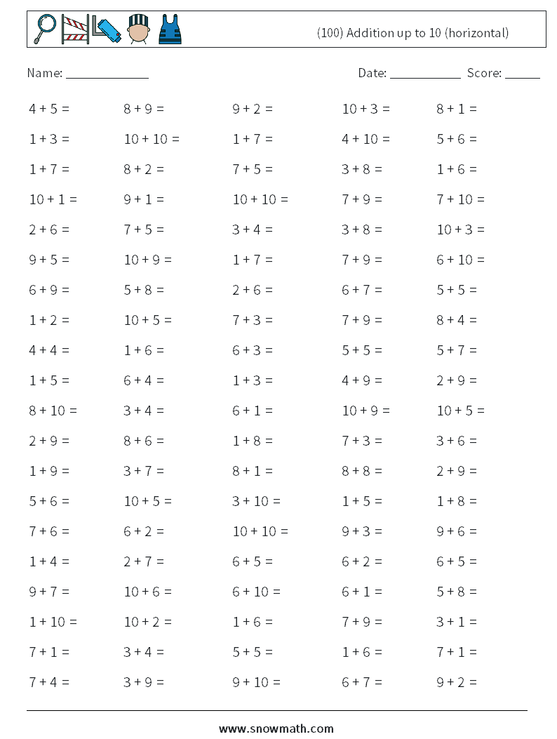 (100) Addition up to 10 (horizontal) Maths Worksheets 9