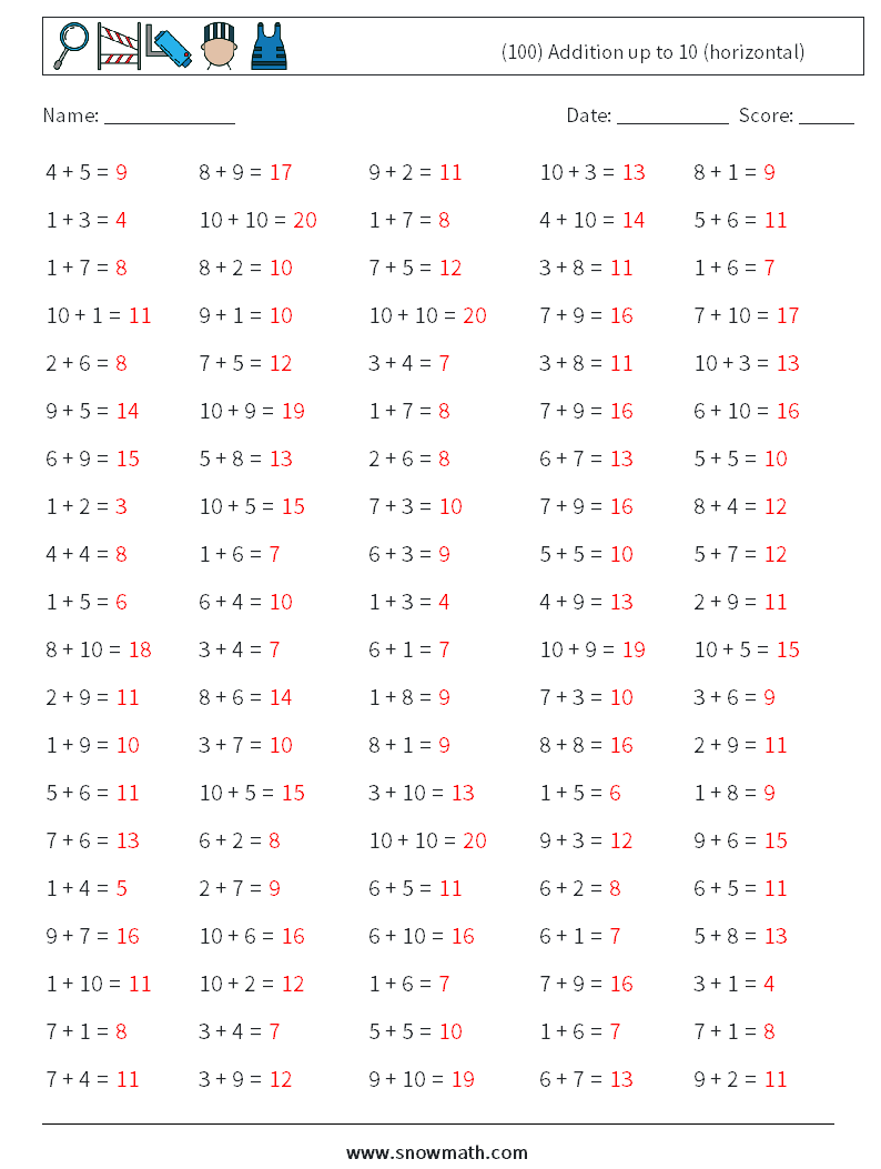 (100) Addition up to 10 (horizontal) Maths Worksheets 9 Question, Answer