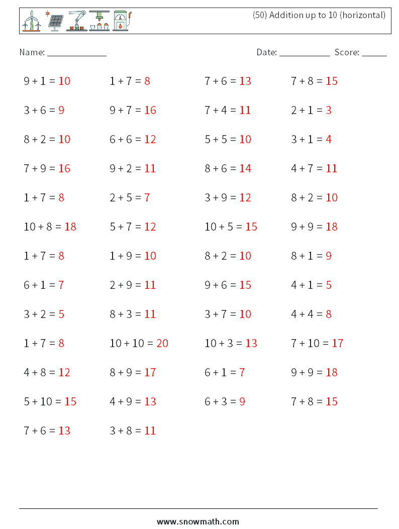 (50) Addition up to 10 (horizontal) Maths Worksheets 1 Question, Answer