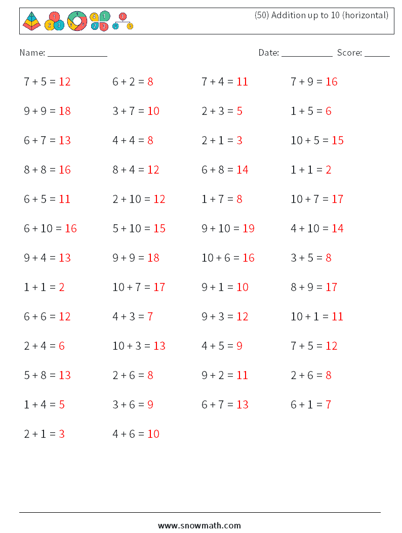 (50) Addition up to 10 (horizontal) Maths Worksheets 3 Question, Answer