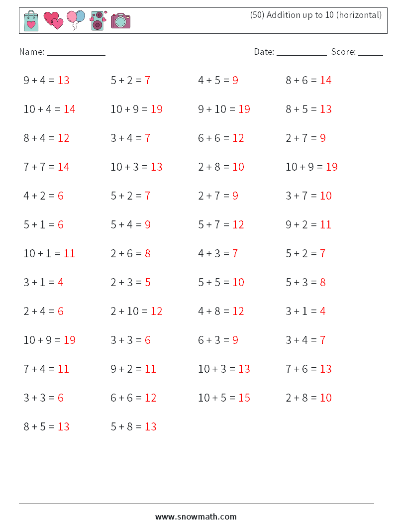 (50) Addition up to 10 (horizontal) Maths Worksheets 7 Question, Answer