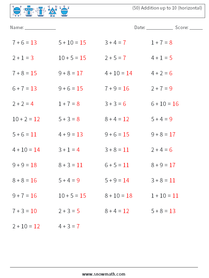 (50) Addition up to 10 (horizontal) Maths Worksheets 8 Question, Answer