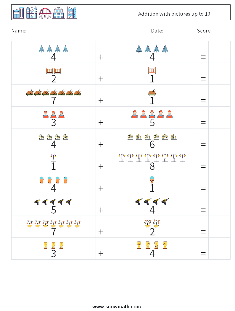 Addition with pictures up to 10 Maths Worksheets 14