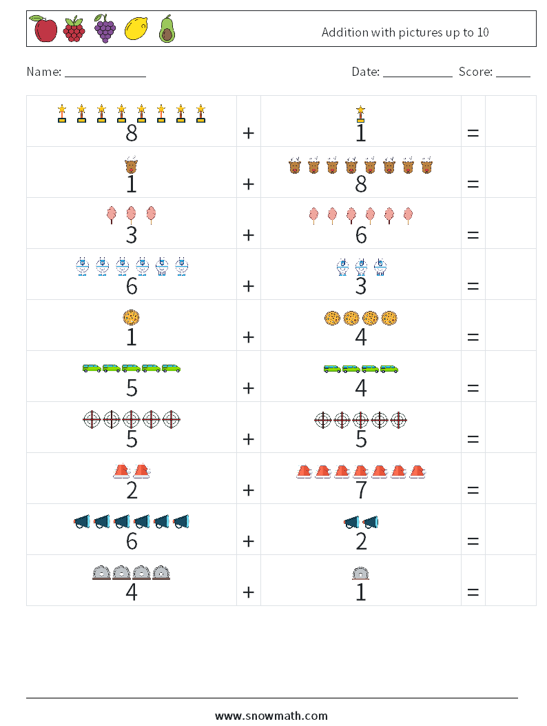 Addition with pictures up to 10 Maths Worksheets 17