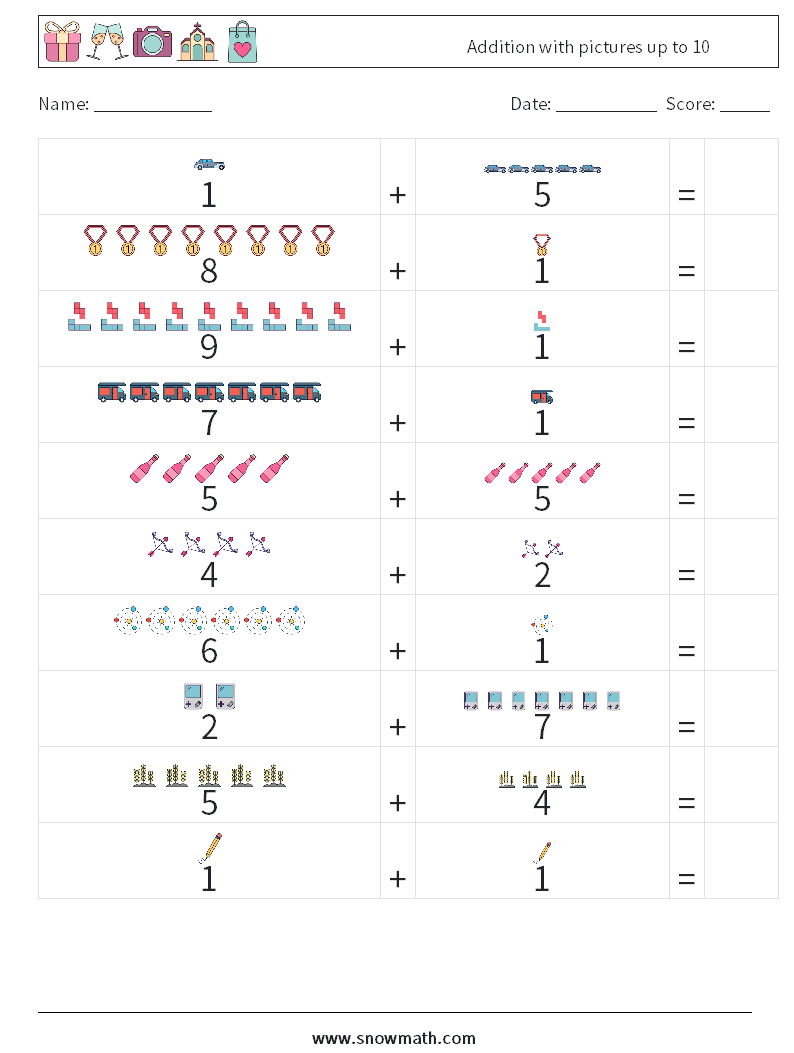 Addition with pictures up to 10 Maths Worksheets 18