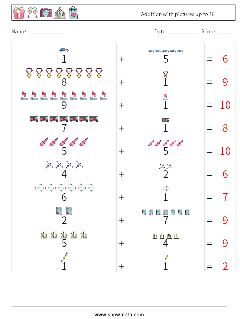 Addition with pictures up to 10 Maths Worksheets 18 Question, Answer