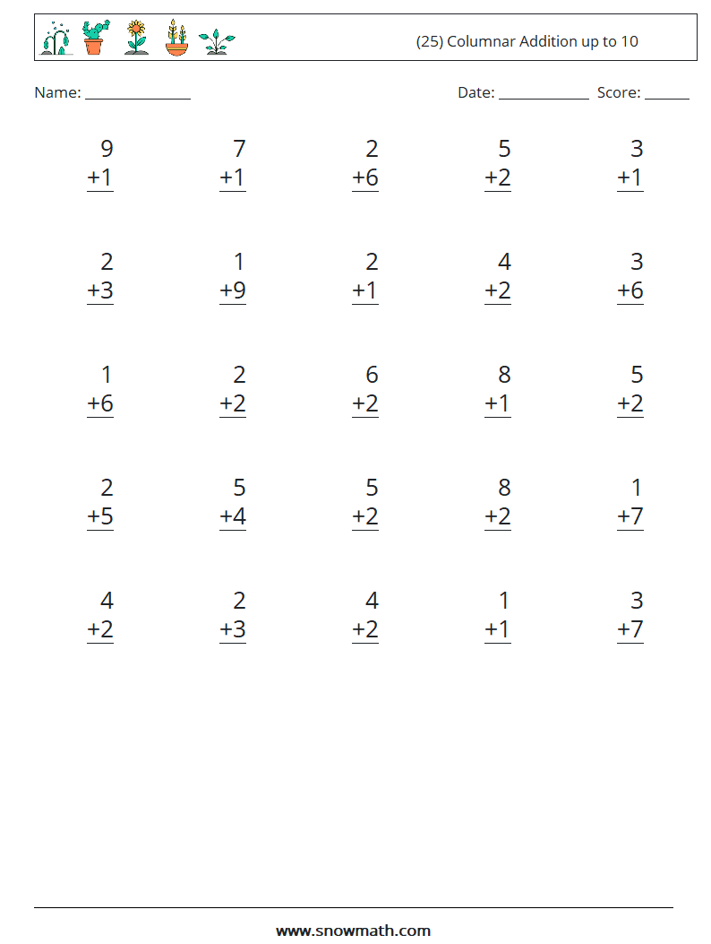(25) Columnar Addition up to 10 Maths Worksheets 1