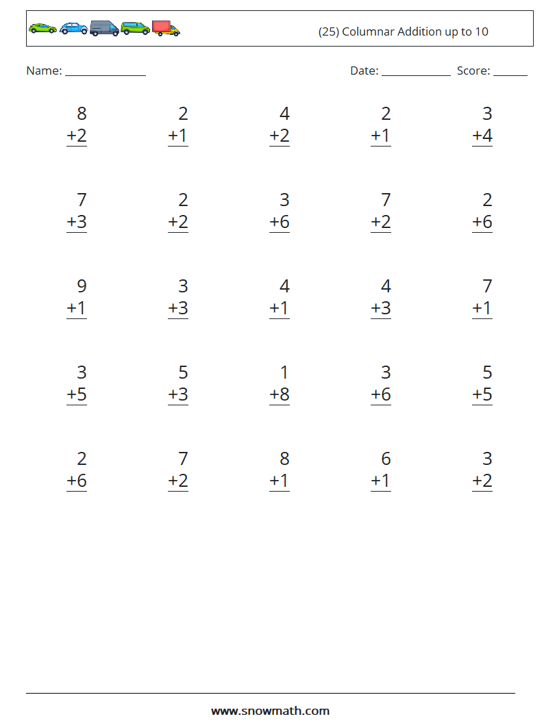 (25) Columnar Addition up to 10 Maths Worksheets 3