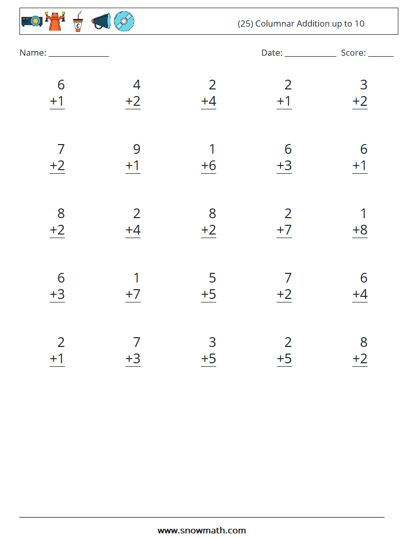 (25) Columnar Addition up to 10 Maths Worksheets 5