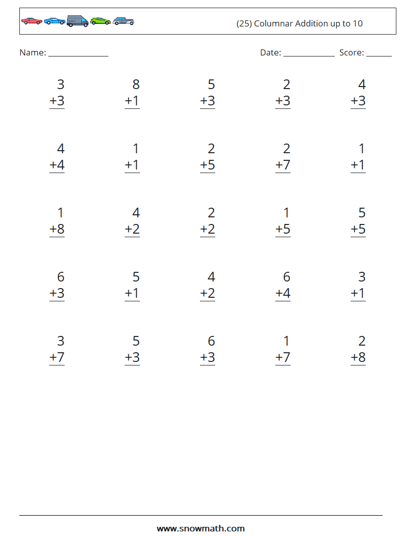 (25) Columnar Addition up to 10 Maths Worksheets 7