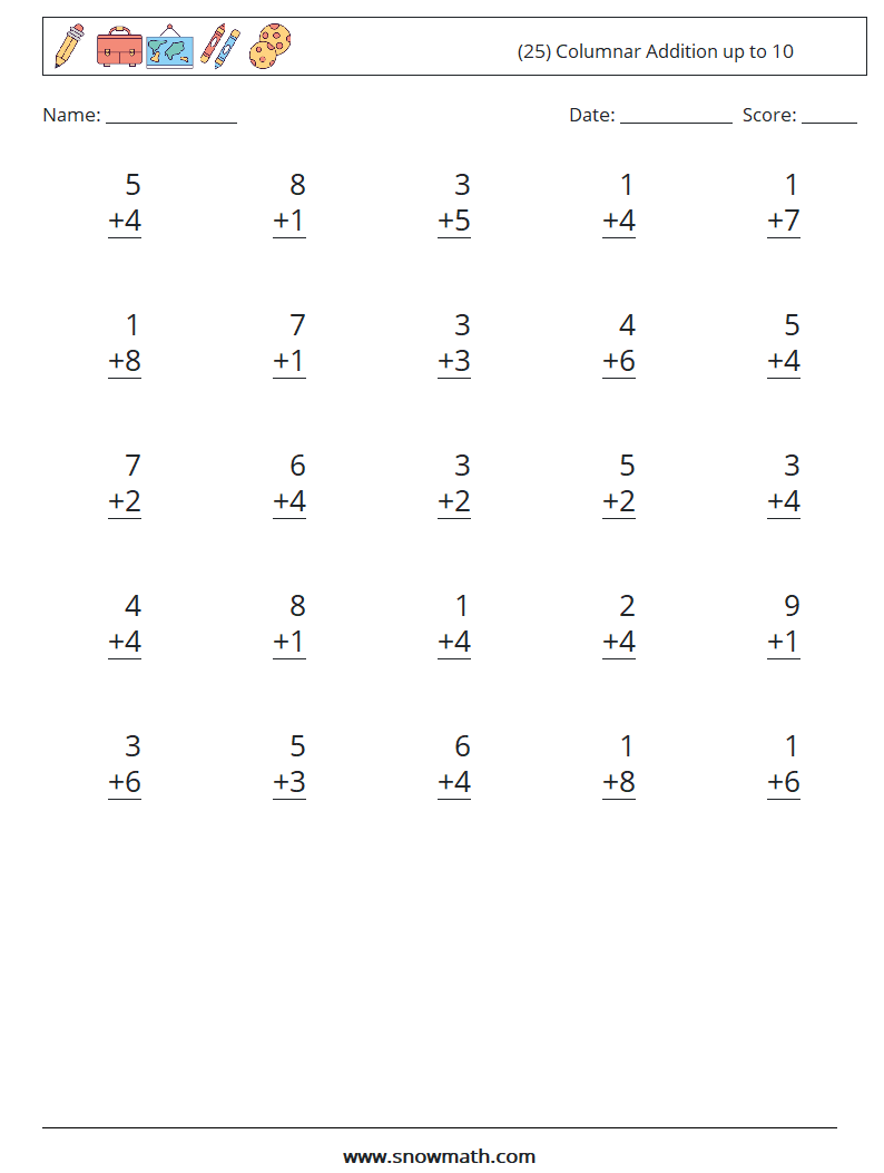 (25) Columnar Addition up to 10 Maths Worksheets 8