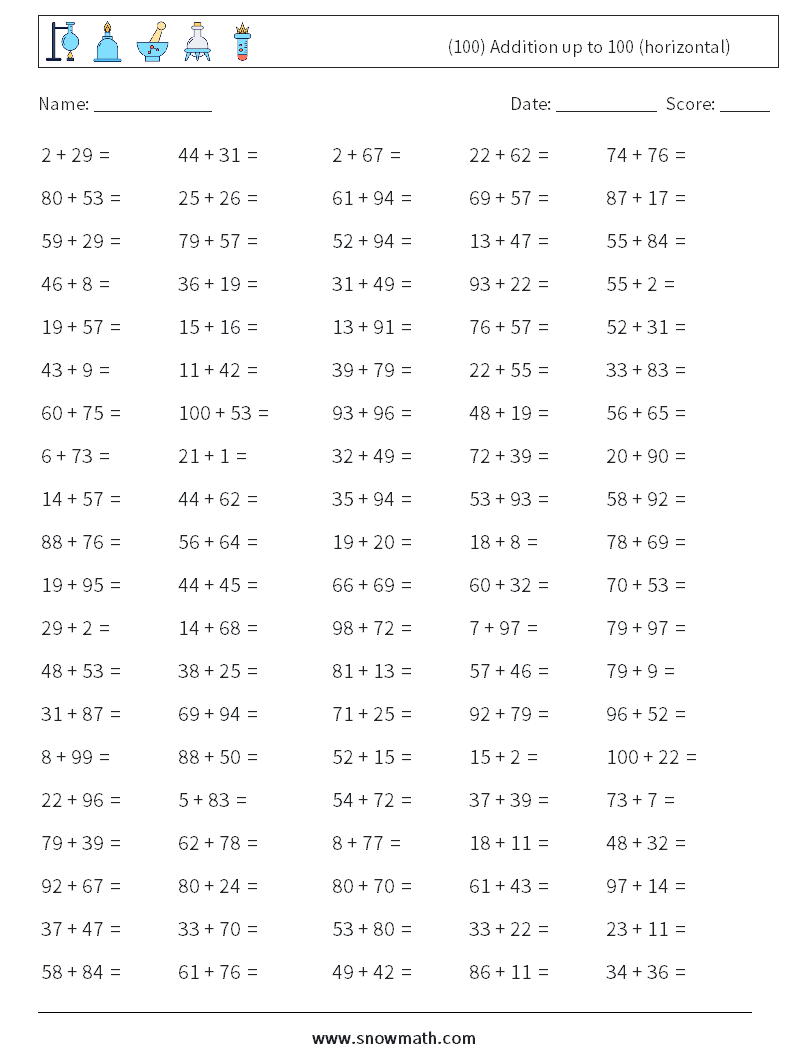 (100) Addition up to 100 (horizontal) Maths Worksheets 3