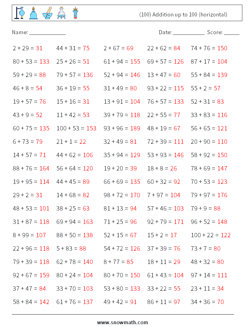 (100) Addition up to 100 (horizontal) Maths Worksheets 3 Question, Answer