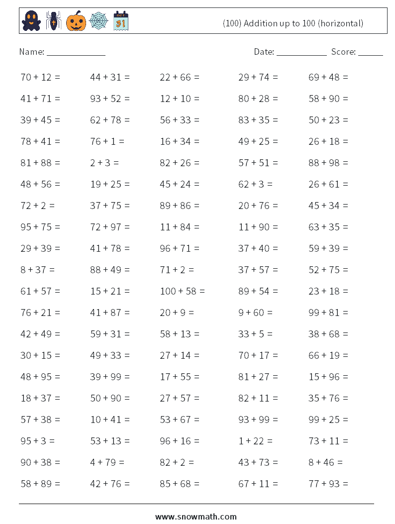 (100) Addition up to 100 (horizontal) Maths Worksheets 7